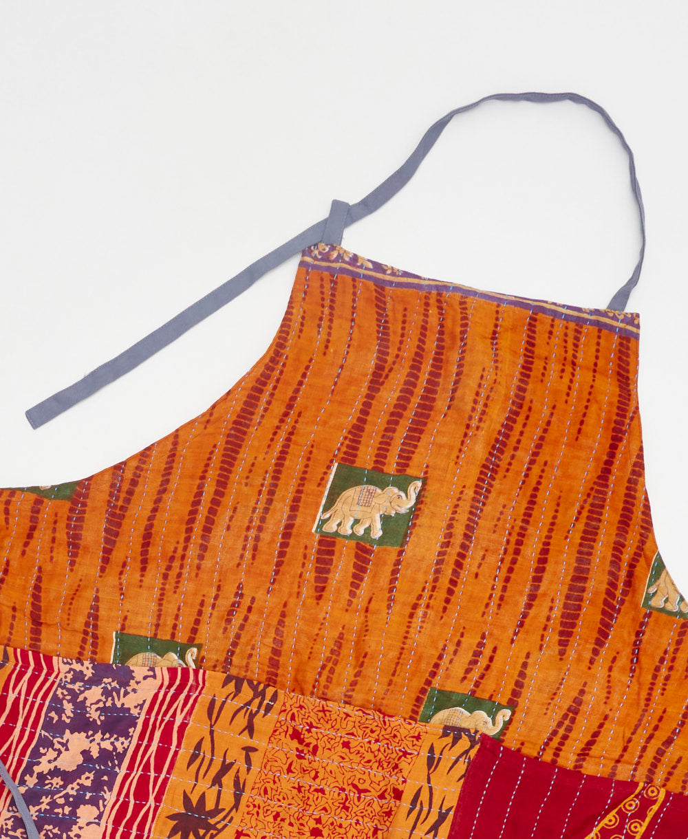 one-of-a-kind green & orange abstract print adjustable apron made using vintage saris 