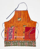 Handmade green & orange abstract print adjustable bib apron featuring kantha stitching