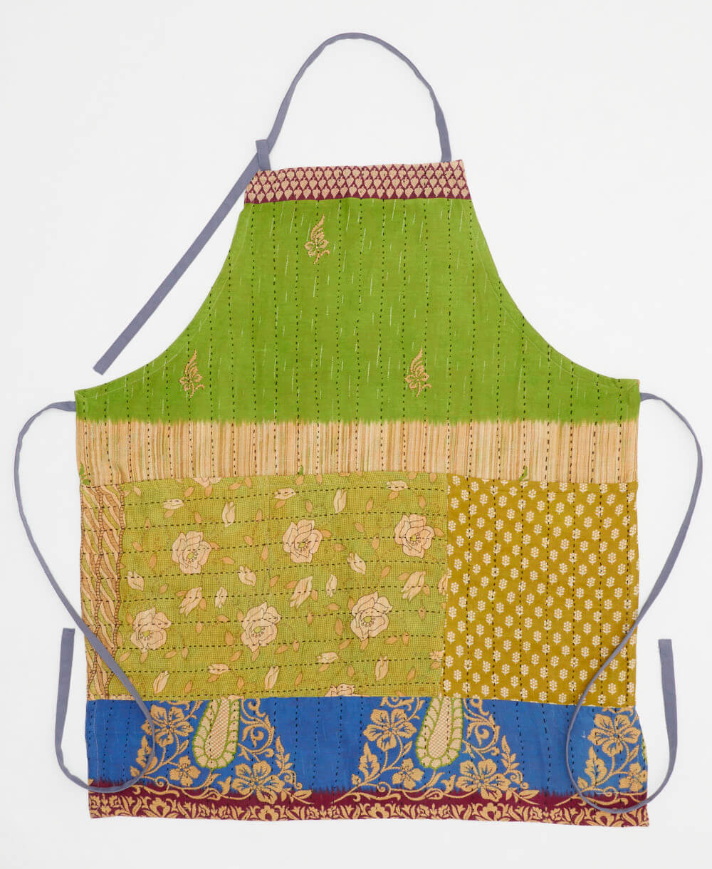 lime green & tan floral kitchen apron made from upcycled cotton saris in India