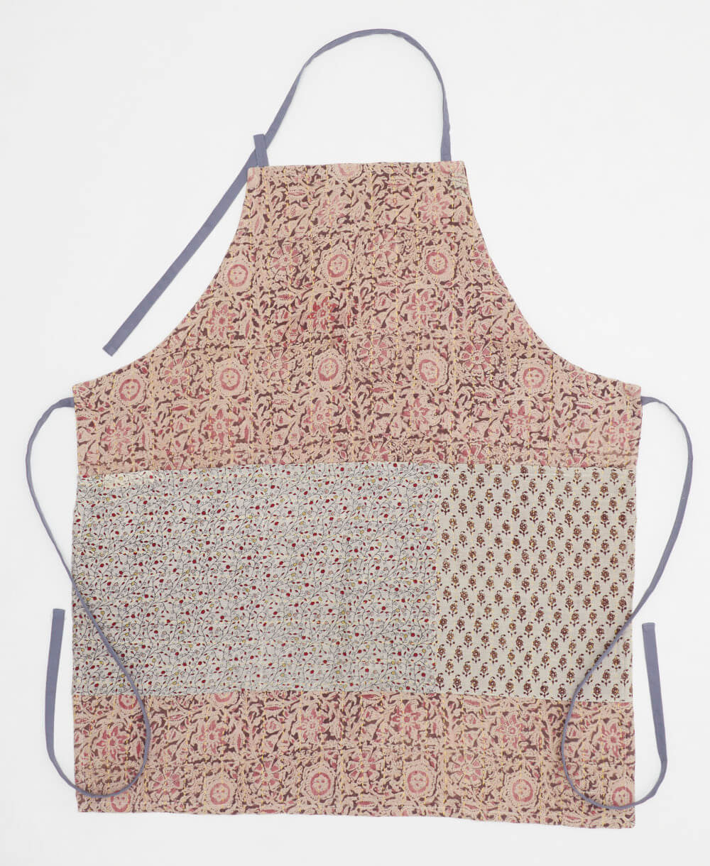 mauve pink floral kitchen apron made from upcycled cotton saris in India