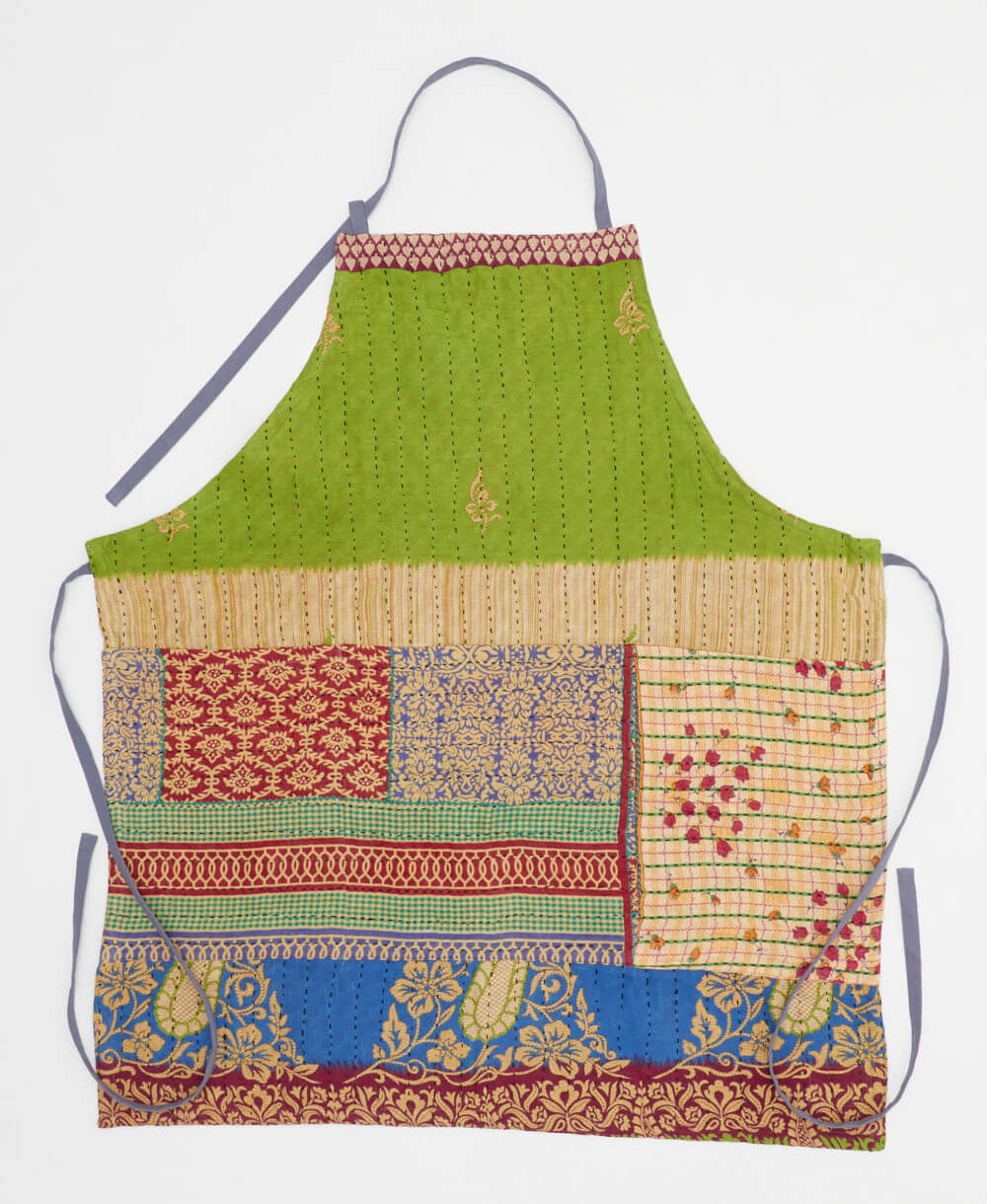 lime & red medallion kitchen apron made from upcycled cotton saris in India