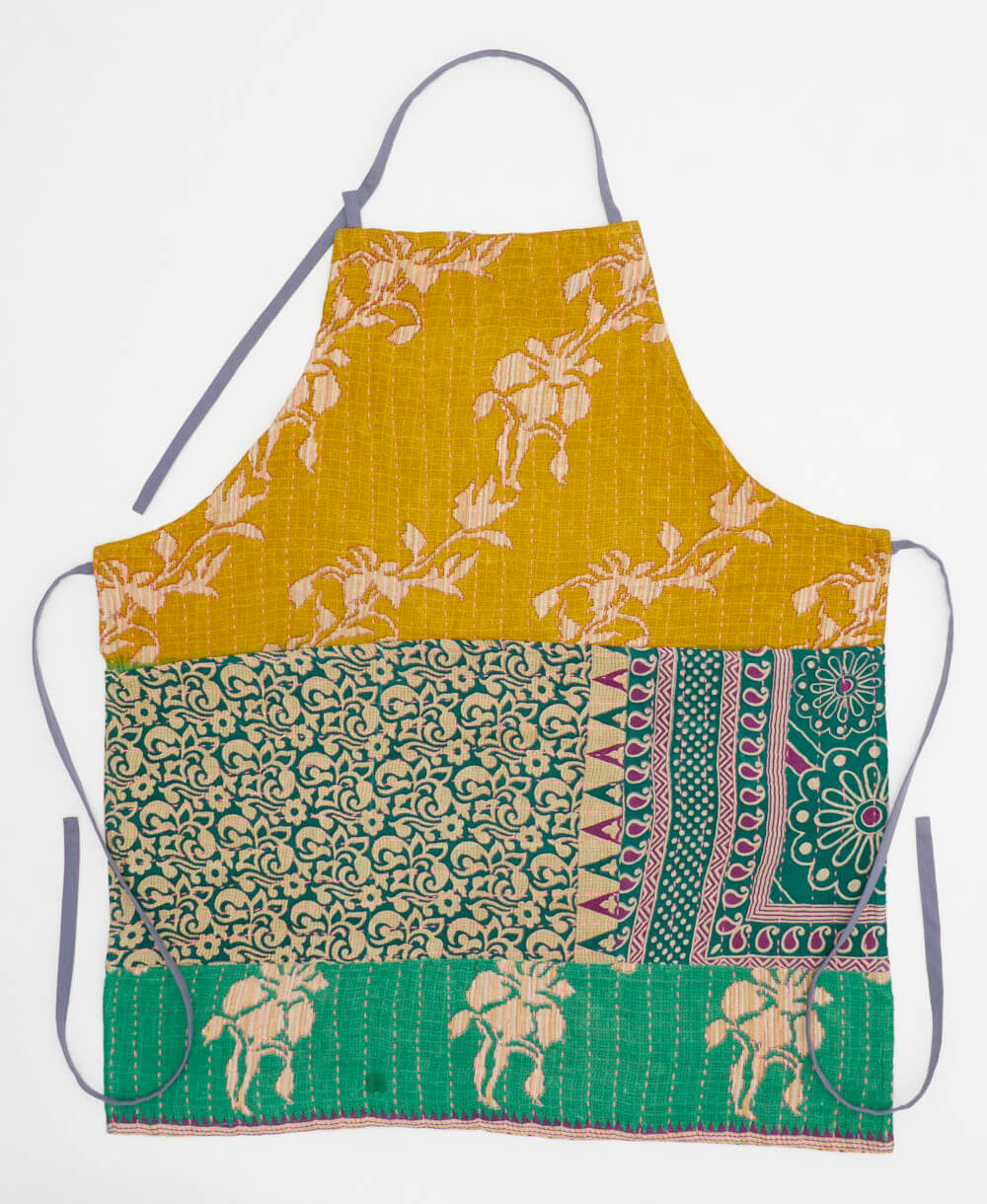 yellow & emerald floral kitchen apron made from upcycled cotton saris in India