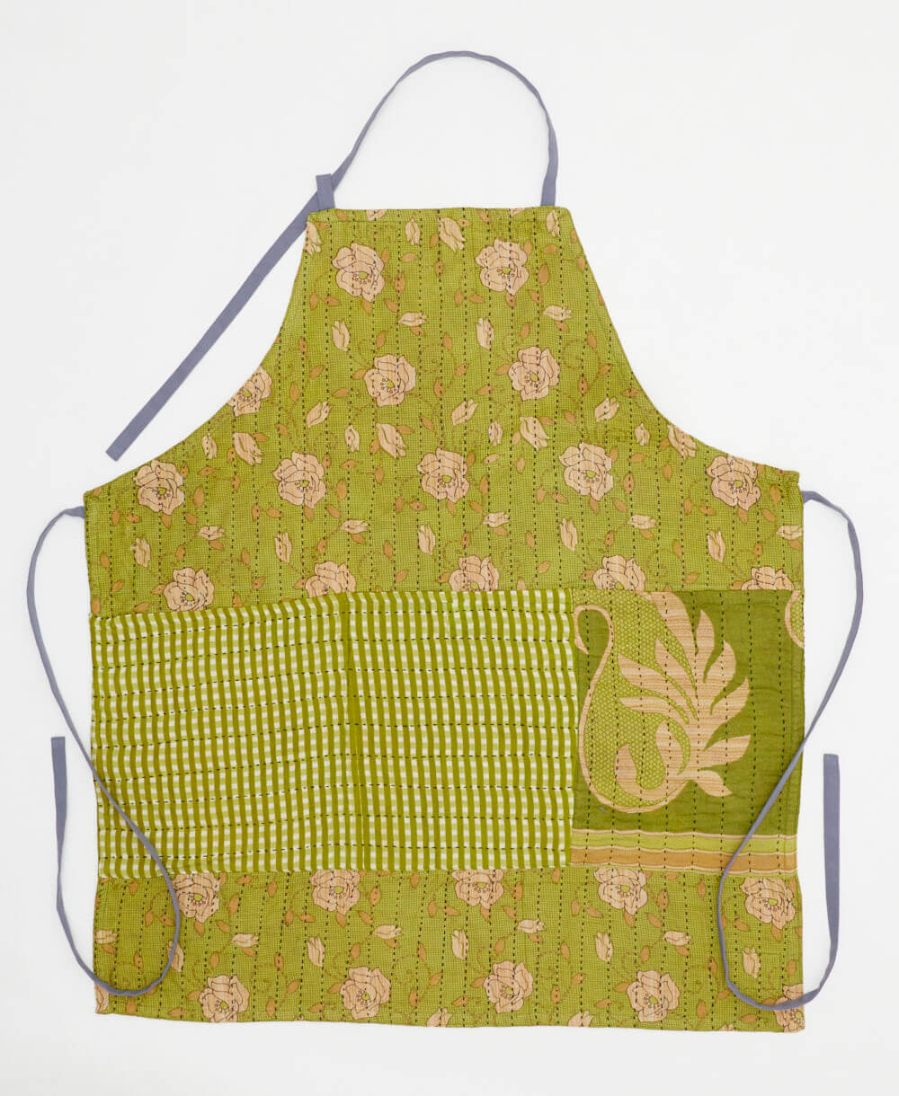 pear green floral kitchen apron made from upcycled cotton saris in India