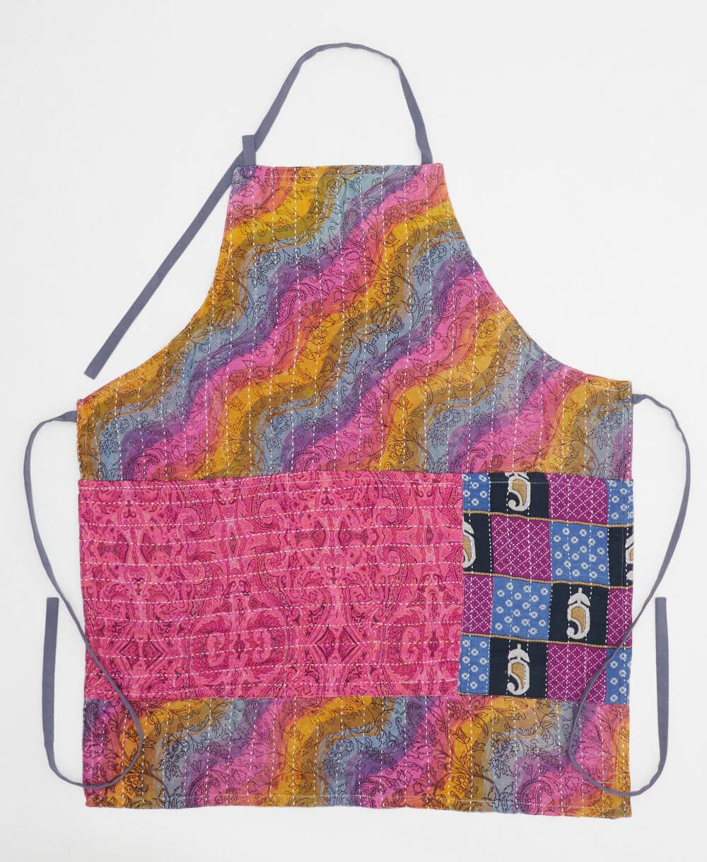 pink rainbow wavy kitchen apron made from upcycled cotton saris in India