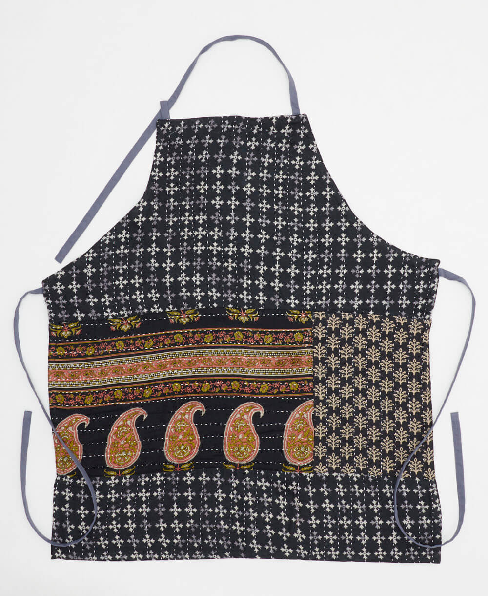 black paisley kitchen apron made from upcycled cotton saris in India