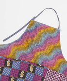 sustainable adjustable apron in pink & blue wavy print made from one-of-a-kind saris with white embroidery