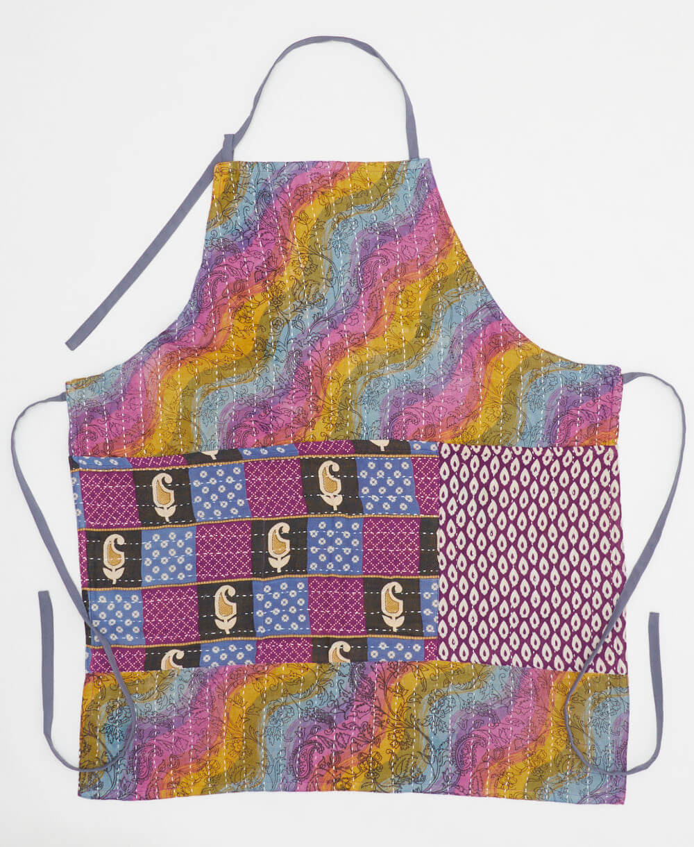 pink & blue wavy kitchen apron made from upcycled cotton saris in India