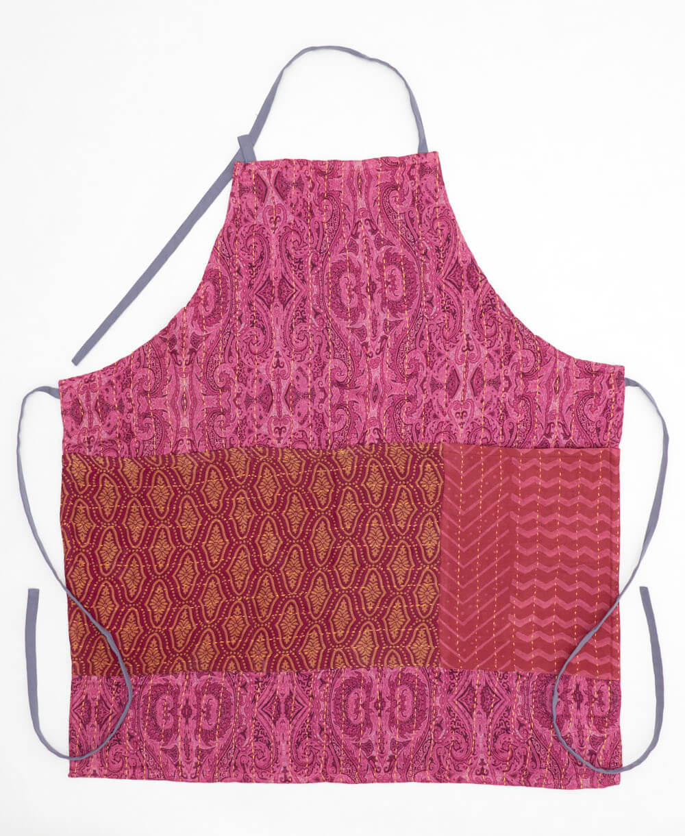 magenta pink paisley kitchen apron made from upcycled cotton saris in India