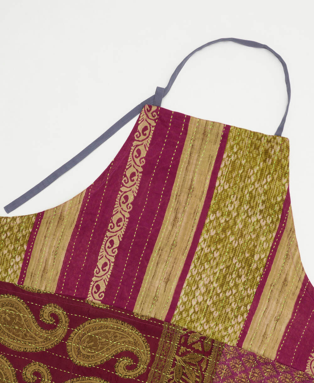 vintage apron with three big pockets made from vintage fabric in olive & magenta stripe pattern