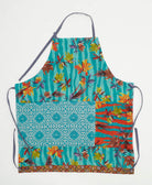 sky blue striped adjustable apron with autumnal leaf print handmade in India