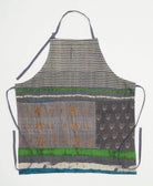 grey striped cotton apron with lime green accents and slate blue adjustable waist and neck ties