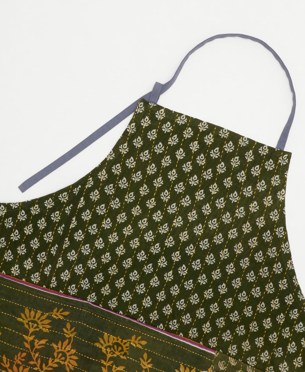 ethically made cotton apron with adjustable ties made from upcycled vintage cotton in India