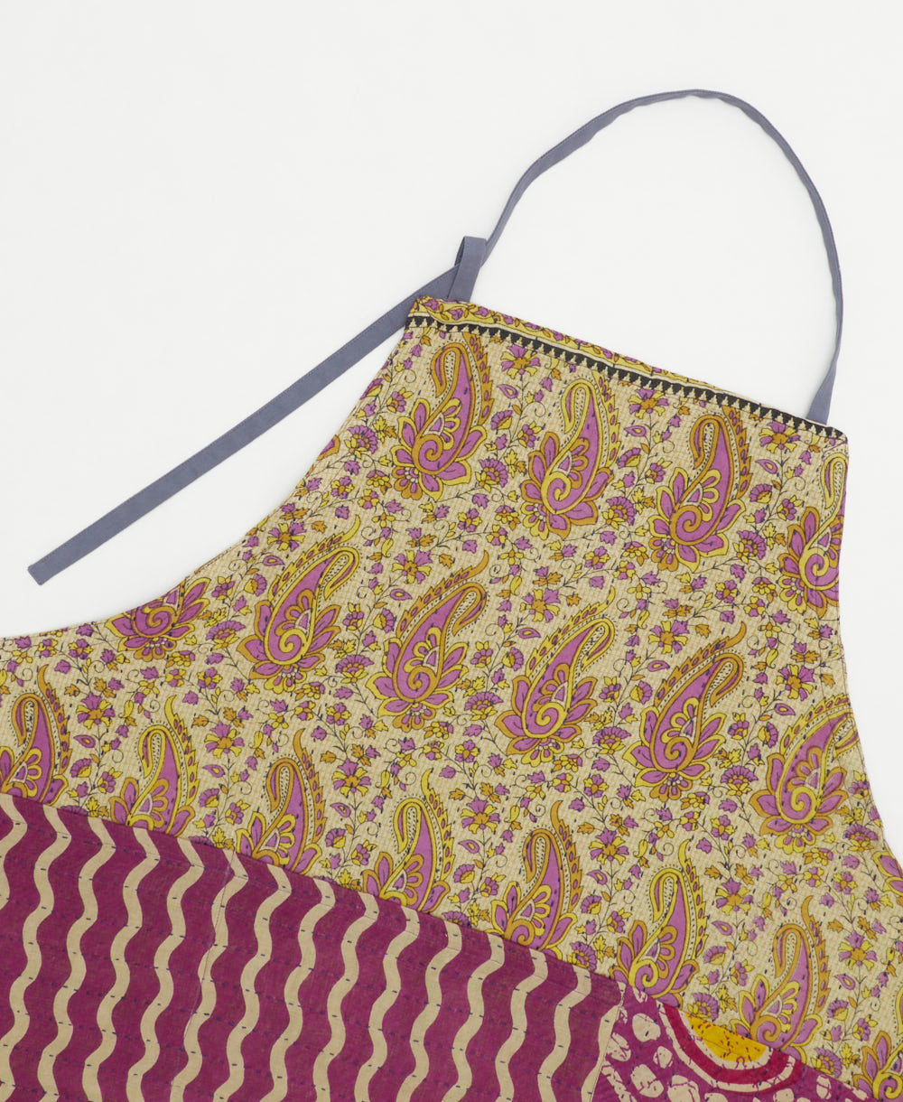 ethically made cotton apron with adjustable ties made from upcycled vintage cotton in India