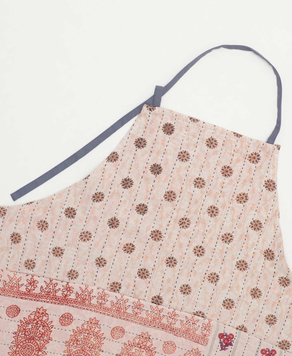 ethically made cotton apron with adjustable ties made from upcycled vintage cotton in India