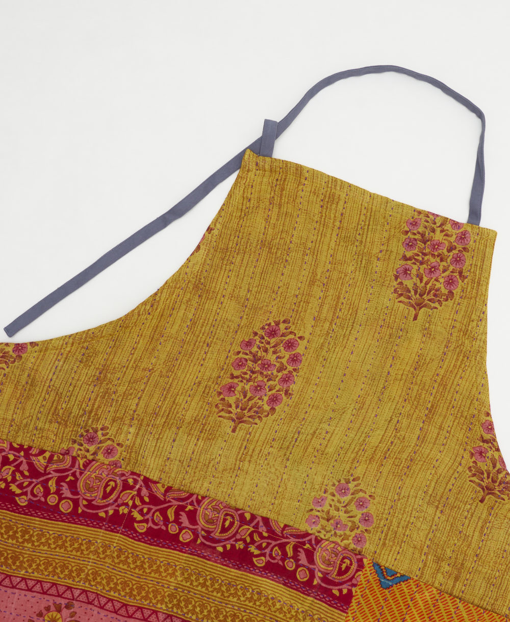 ethically made cotton apron with adjustable ties made from upcycled vintage cotton in India