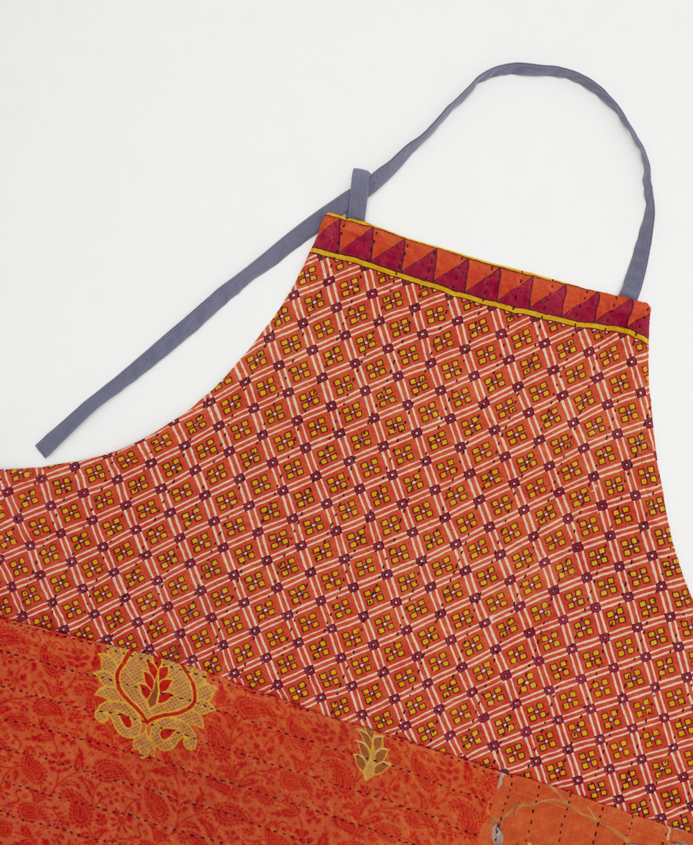 ethically made cotton apron with adjustable ties made from upcycled vintage cotton in India