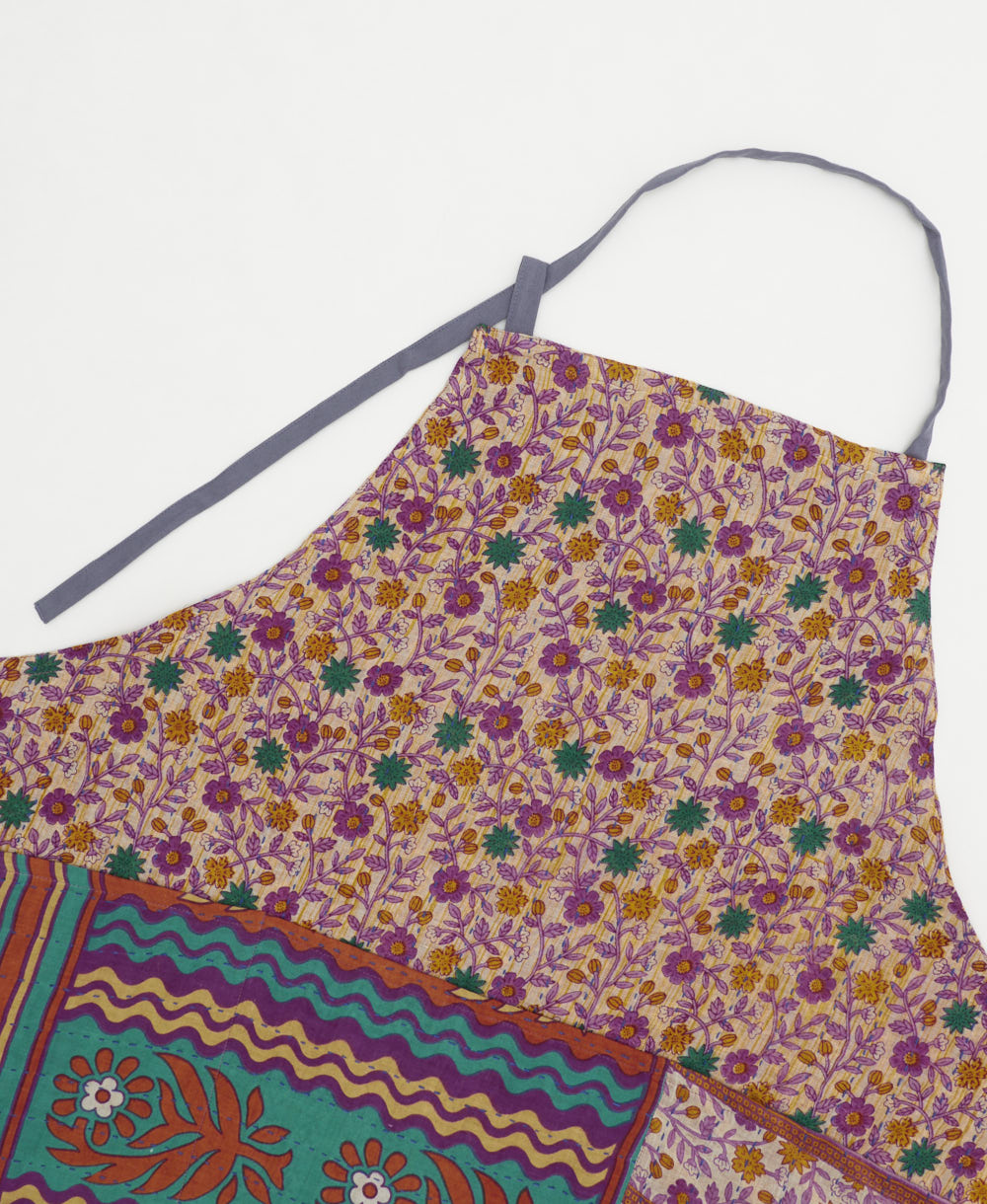 ethically made cotton apron with adjustable ties made from upcycled vintage cotton in India