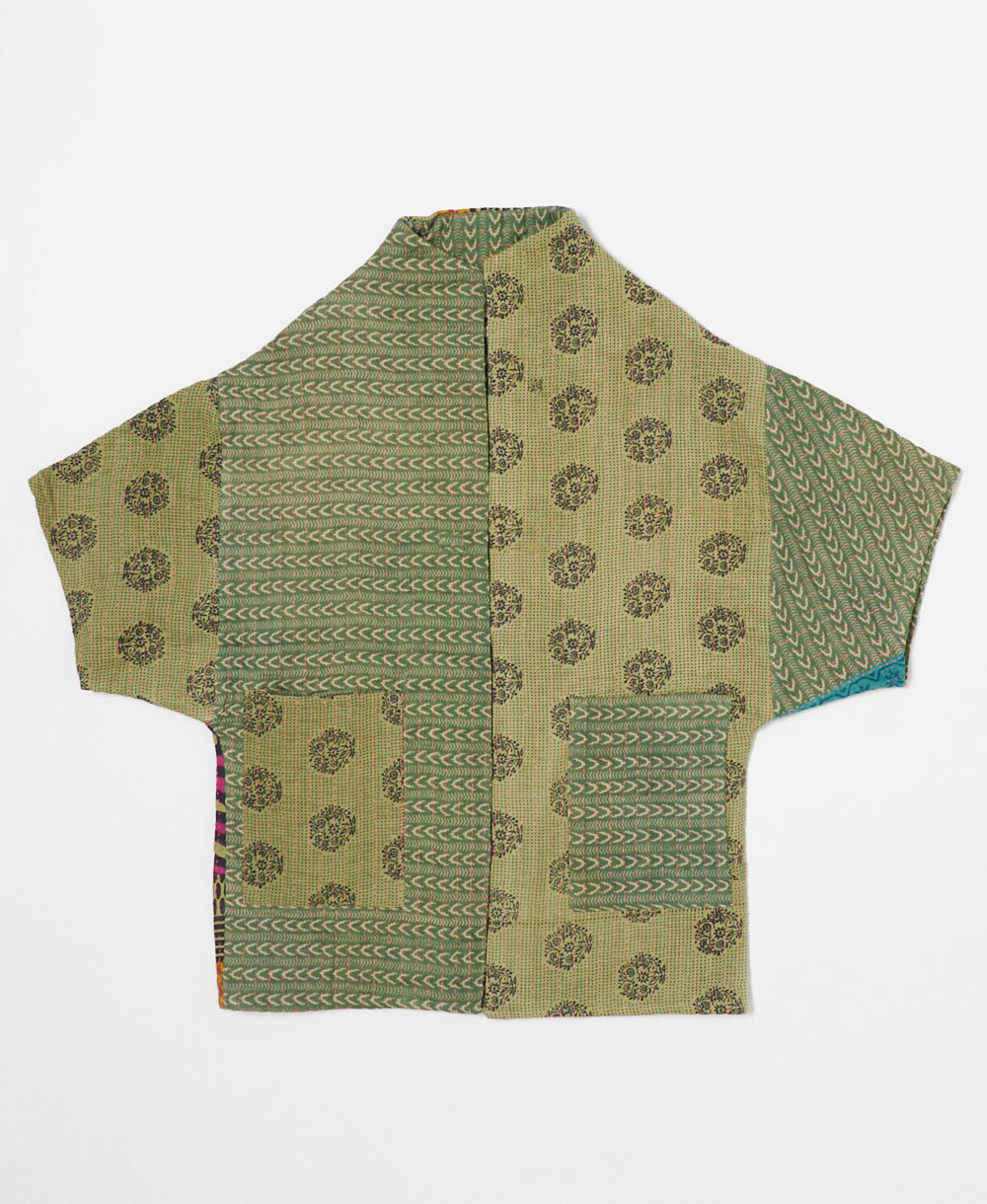 one-of-a-kind cocoon sage green geometric arrow quilted jacket made from upcycled vintage cotton saris