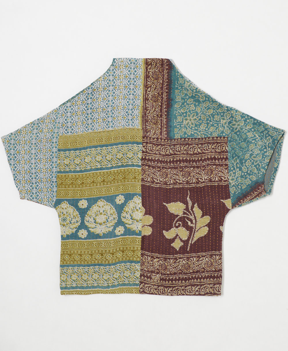 ethically made quilted jacket in a teal & tan floral print handmade by artisans in India