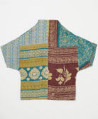 ethically made quilted jacket in a teal & tan floral print handmade by artisans in India