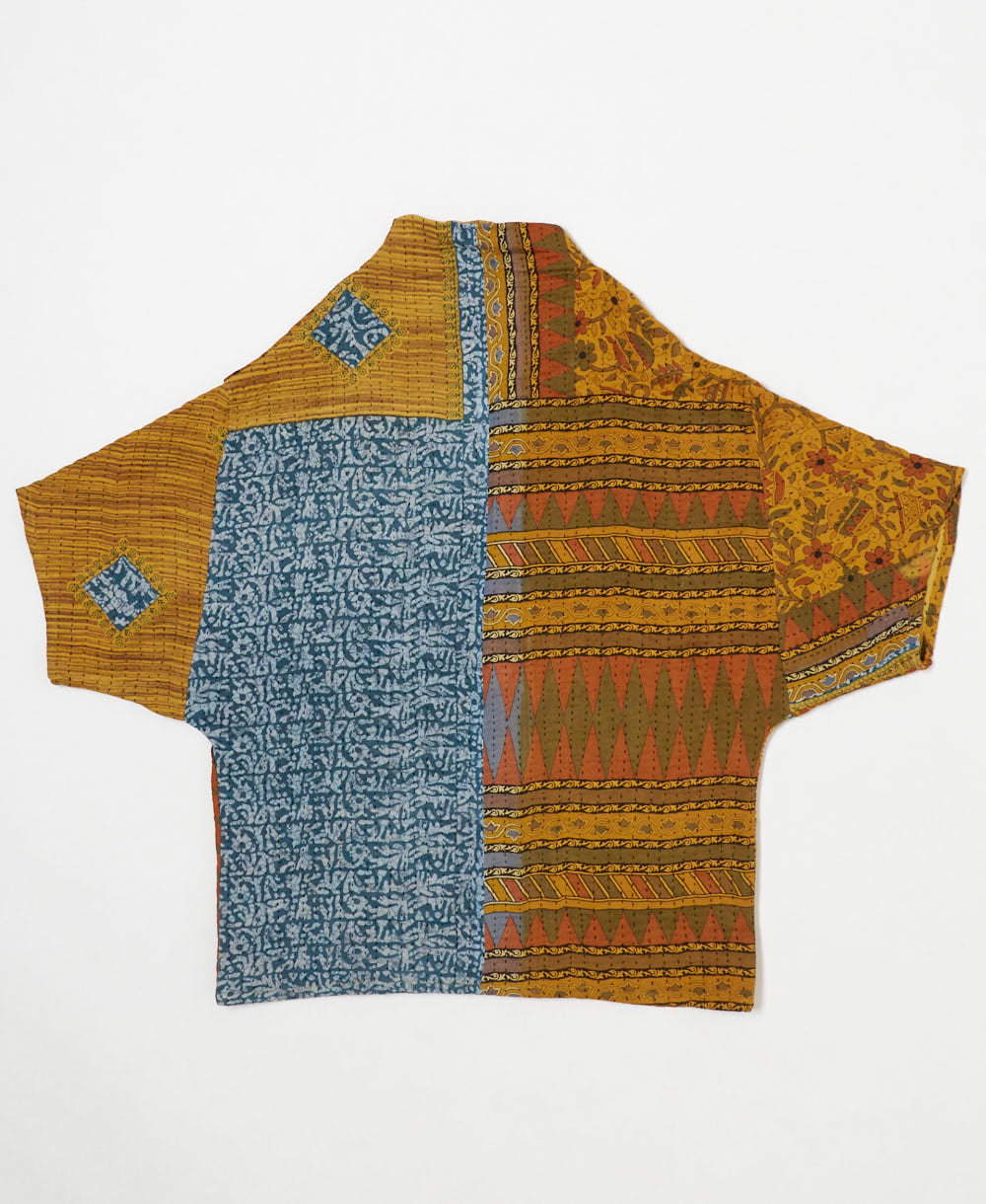 ethically made quilted jacket in a dark yellow & ocean blue geometric print handmade by artisans in India