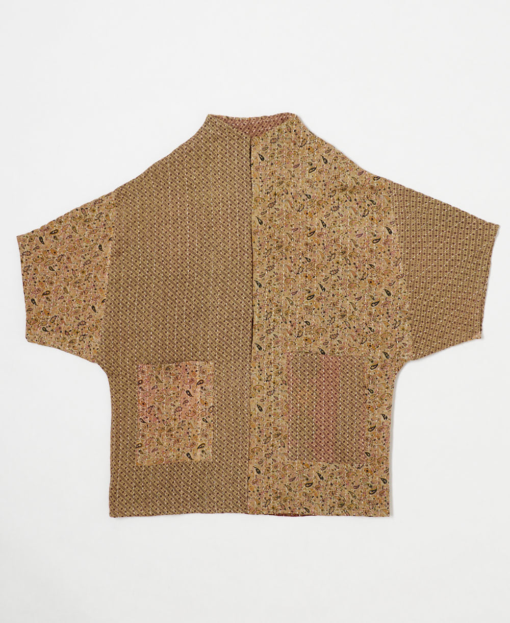 one-of-a-kind cocoon subtle tan paisley quilted jacket made from upcycled vintage cotton saris