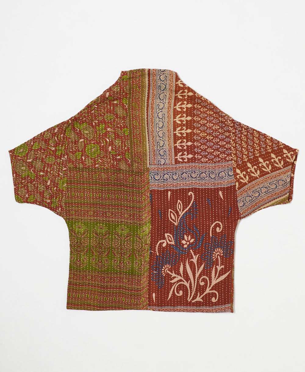 ethically made quilted jacket in a red-brown floral print handmade by artisans in India