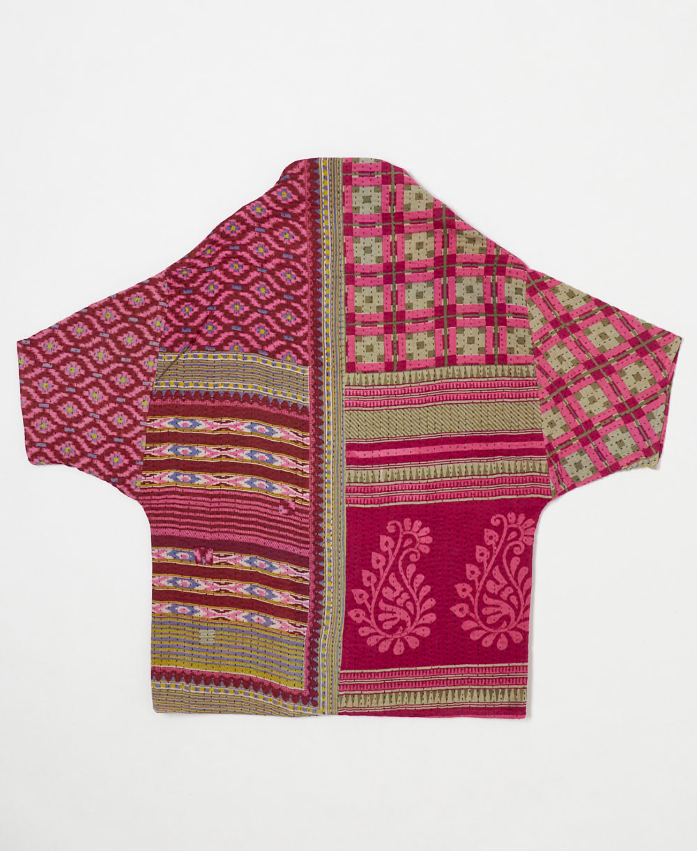 ethically made quilted jacket in a hot pink geometric print handmade by artisans in India