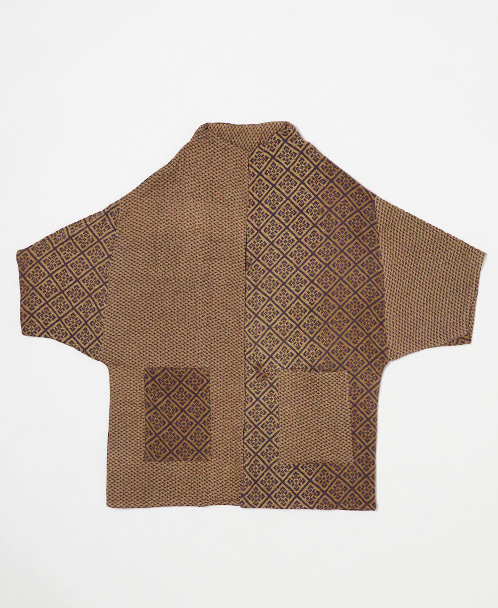 one-of-a-kind cocoon chocolate brown geometric quilted jacket made from upcycled vintage cotton saris