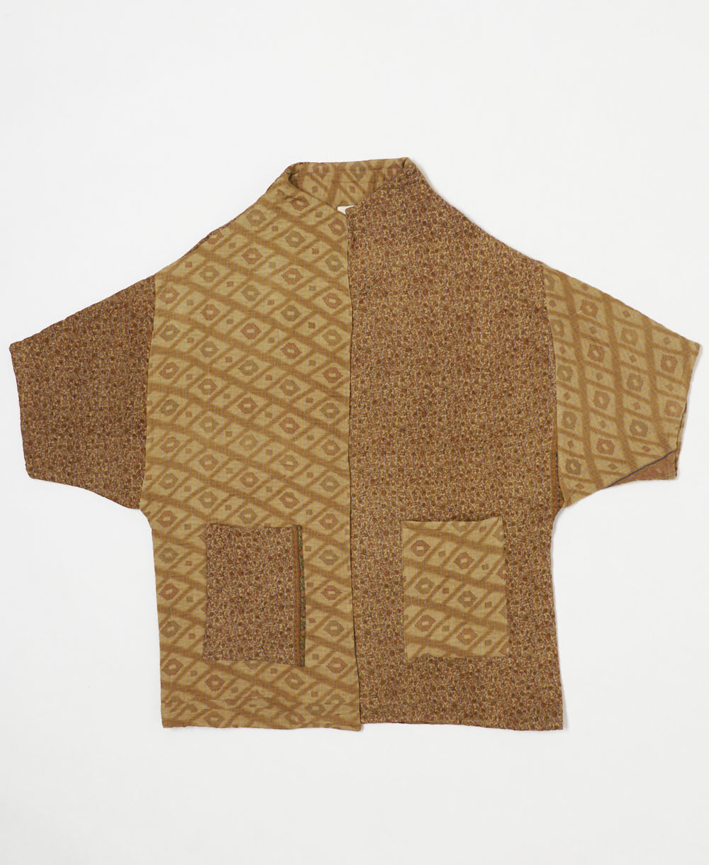 one-of-a-kind cocoon tan & brown diamond quilted jacket made from upcycled vintage cotton saris