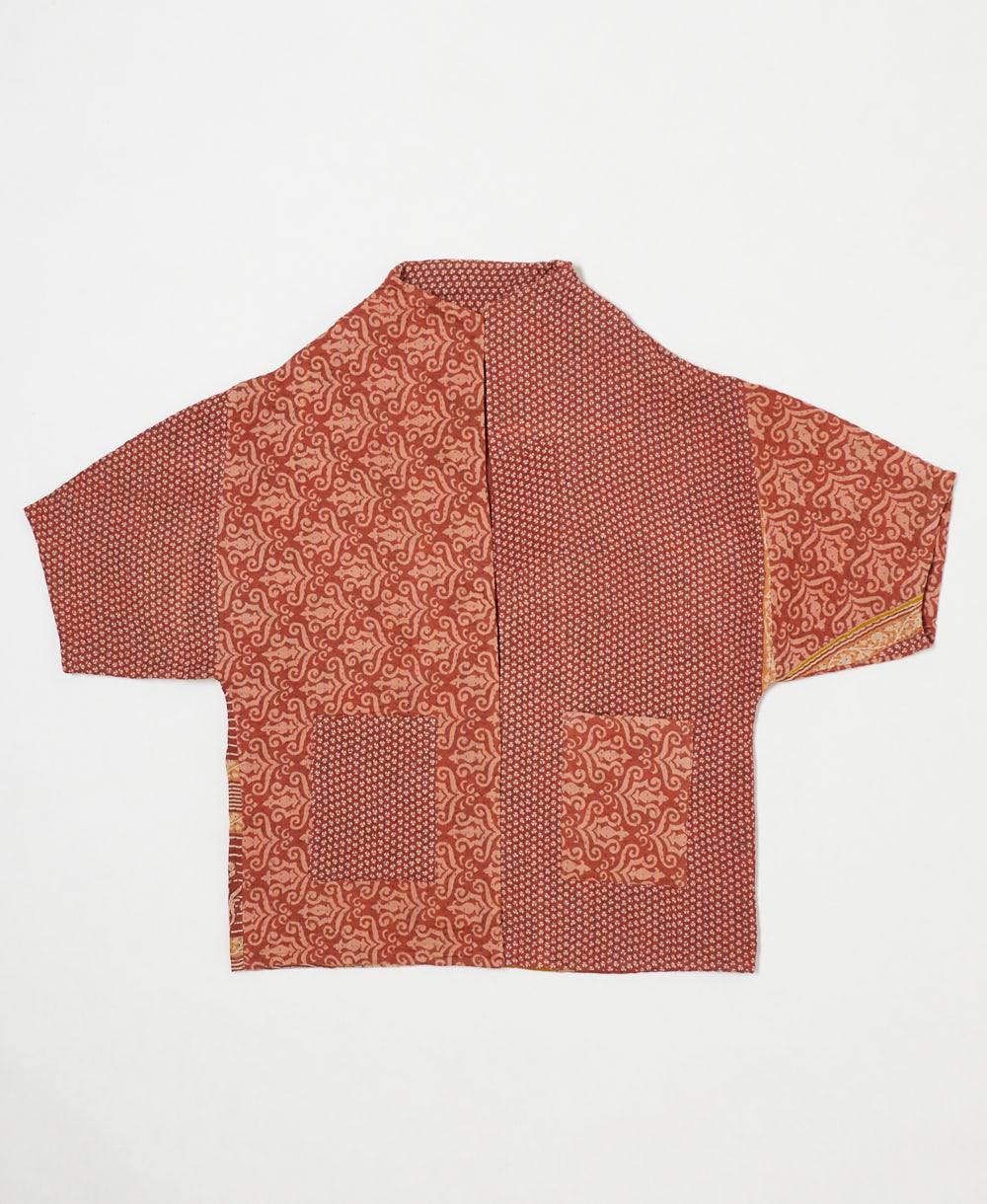 one-of-a-kind cocoon brick red medallion quilted jacket made from upcycled vintage cotton saris