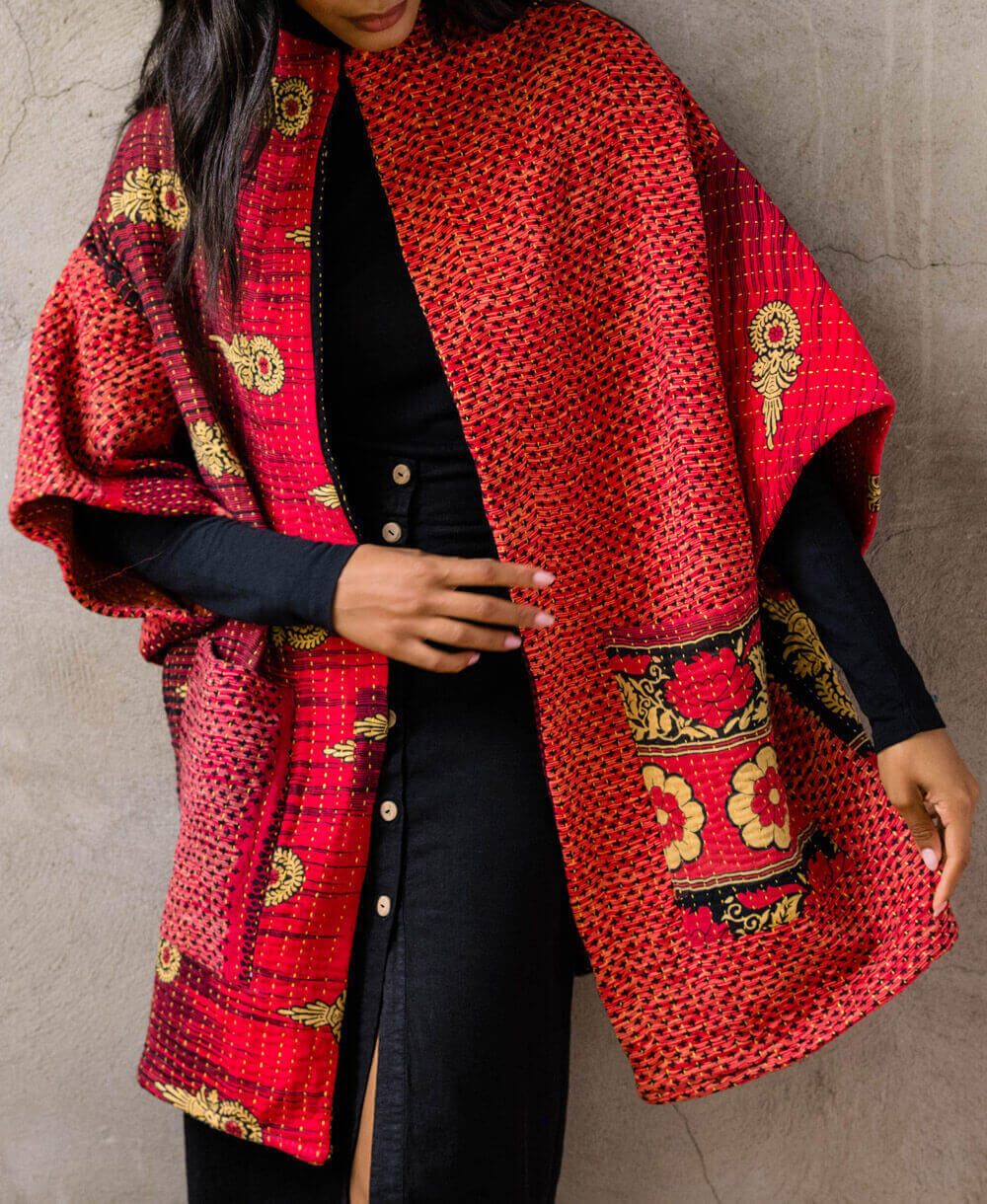 ethically made one-of-a-kind red quilted jacket with bold kantha stitching handstitched in India