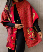 ethically made one-of-a-kind red quilted jacket with bold kantha stitching handstitched in India