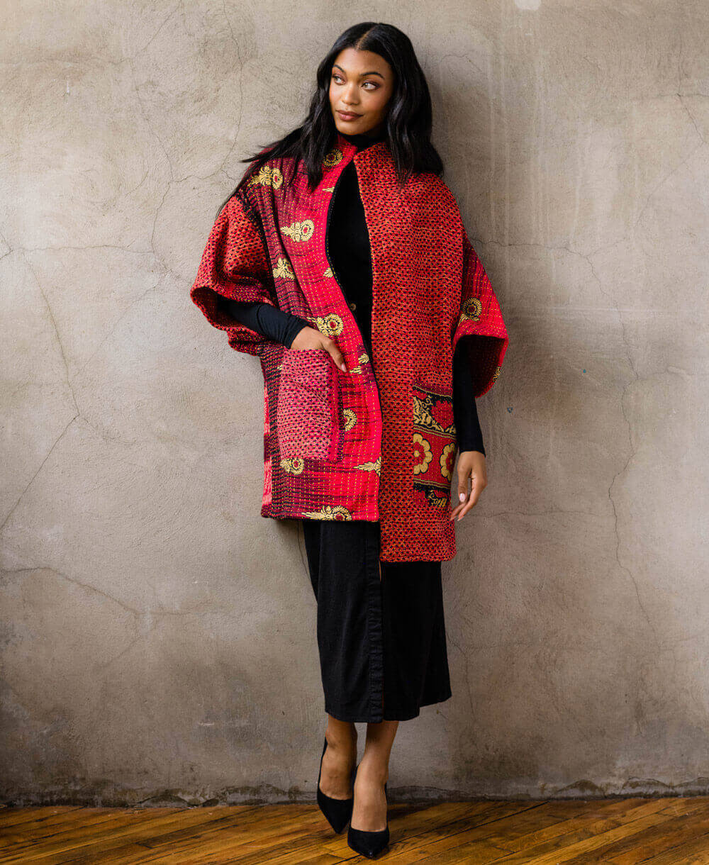 one-of-a-kind quilted jacket in bold red hue handmade in India from upcycled cotton saris