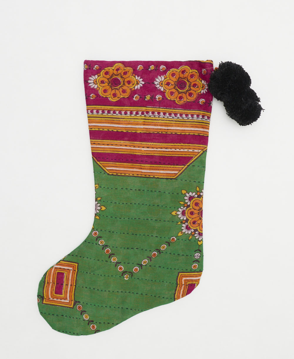 unique holiday stocking handmade from vintage cotton saris in India featuring green & hot pink geometric floral print