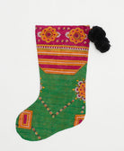 unique holiday stocking handmade from vintage cotton saris in India featuring green & hot pink geometric floral print