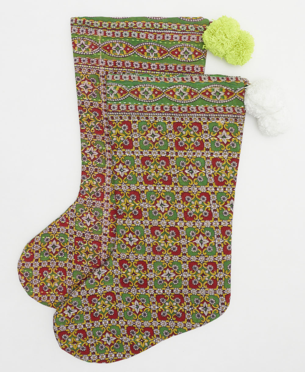 eco-friendly christmas stockings made in India from vintage cotton fabrics in green & red checkered print