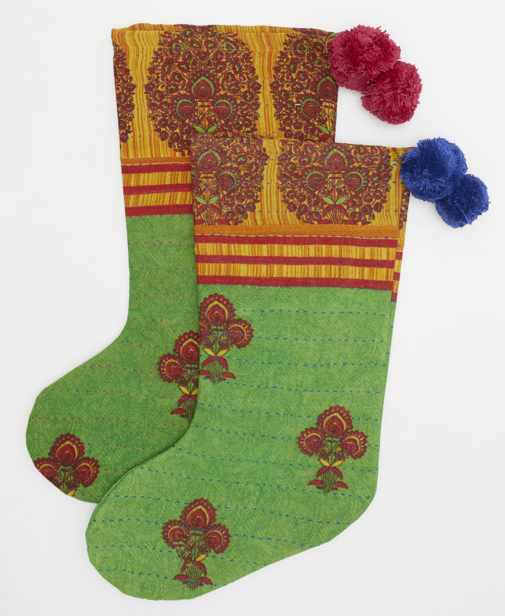 one-of-a-kind christmas stockings handmade in India from vintage cotton fabrics in bright green & red floral prints