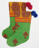 one-of-a-kind christmas stockings handmade in India from vintage cotton fabrics in bright green & red floral prints