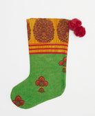 bright green holiday stocking in maroon bouquet print with pink pom poms