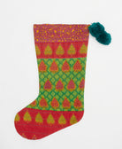 cherry red & bright green holiday stocking in abstract leaf print with teal pom poms