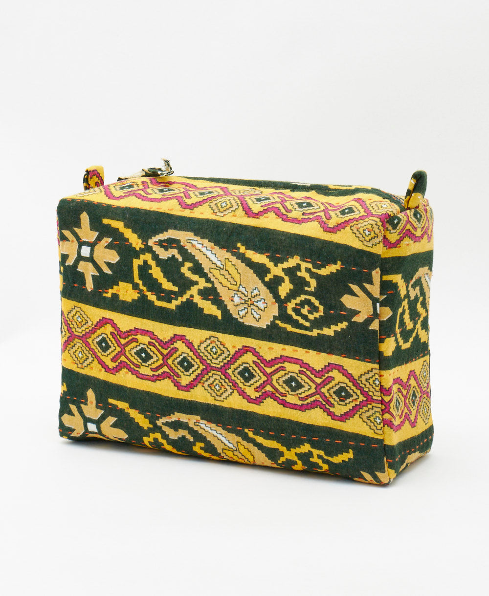 large cosmetic bag handmade by artisans in  India using traditional kantha hand stitching 