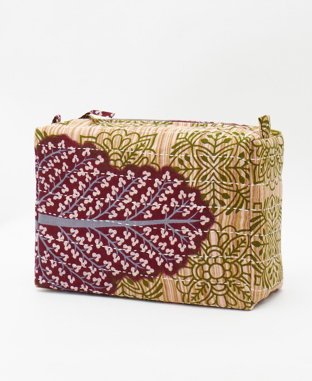 eco friendly large cosmetic bag handmade by aritsans using traditional kantha hand stitching 