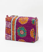 eco friendly large cosmetic bag created using repurposed vintage cotton saris in a magenta flotal print 