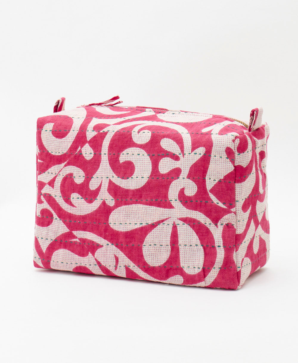 large cosmetic bag handmade by artisanas using traiditonal kantha hand stitching 