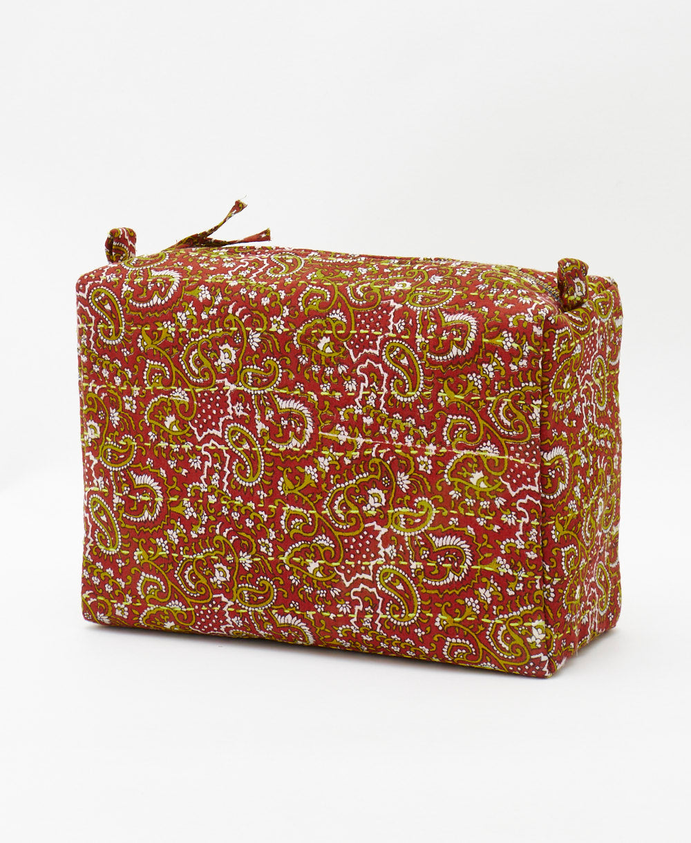 dark red paisley print large cosmetic bag crafted using traditionak kantha hand stitching 