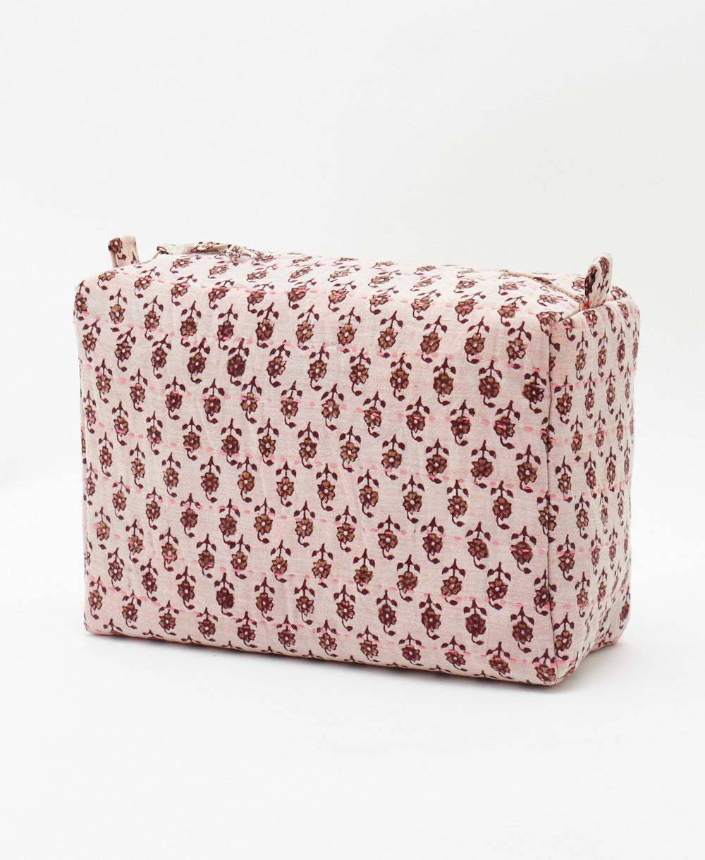 artisan made blush pink large cosmetic bag featuring traditional kantha hand stitching 