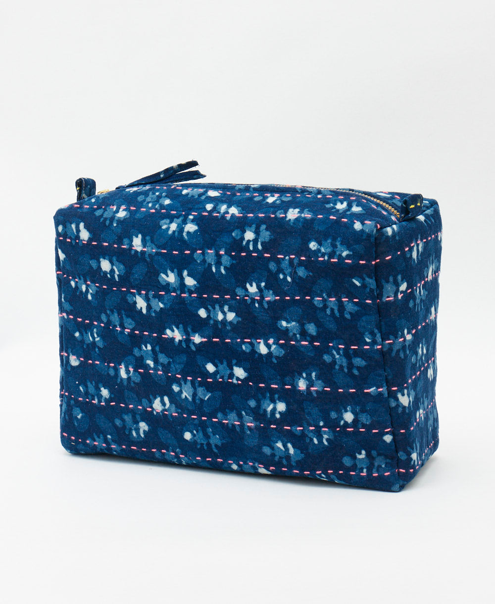  navy blue large cosmetic bag sustainably crafted using upcycled vintage cotton saris 