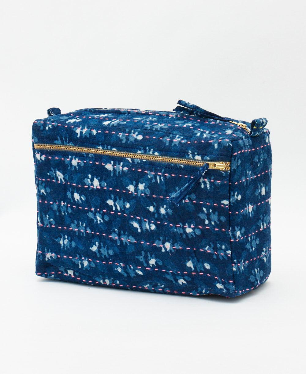 navy blue watercolor floral large toiletry bag featuring traditional kantha hand stitching 