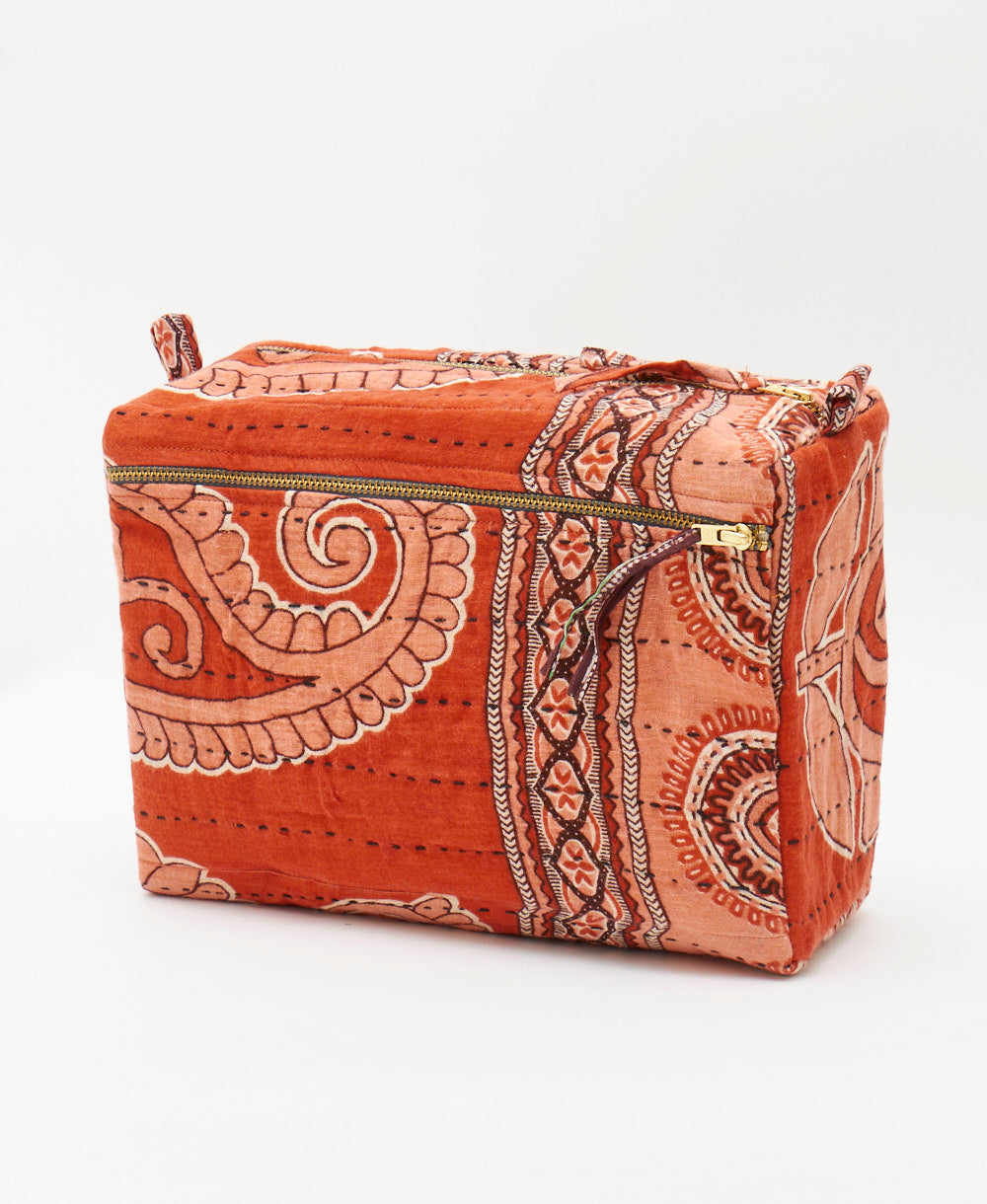 oversized coral paisley large toiletry bag featuring traditional kantha hand stitching 